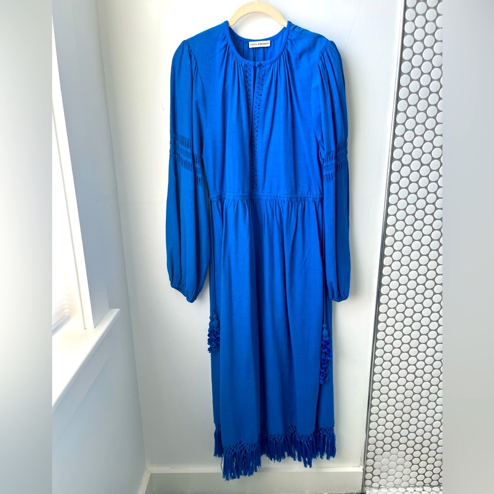 Cobalt blue raw silk Ulla Johnson dress with fringe